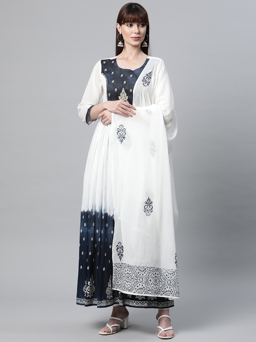 

Readiprint Women White & Navy Blue Floral Embroidered Anarkali Kurta