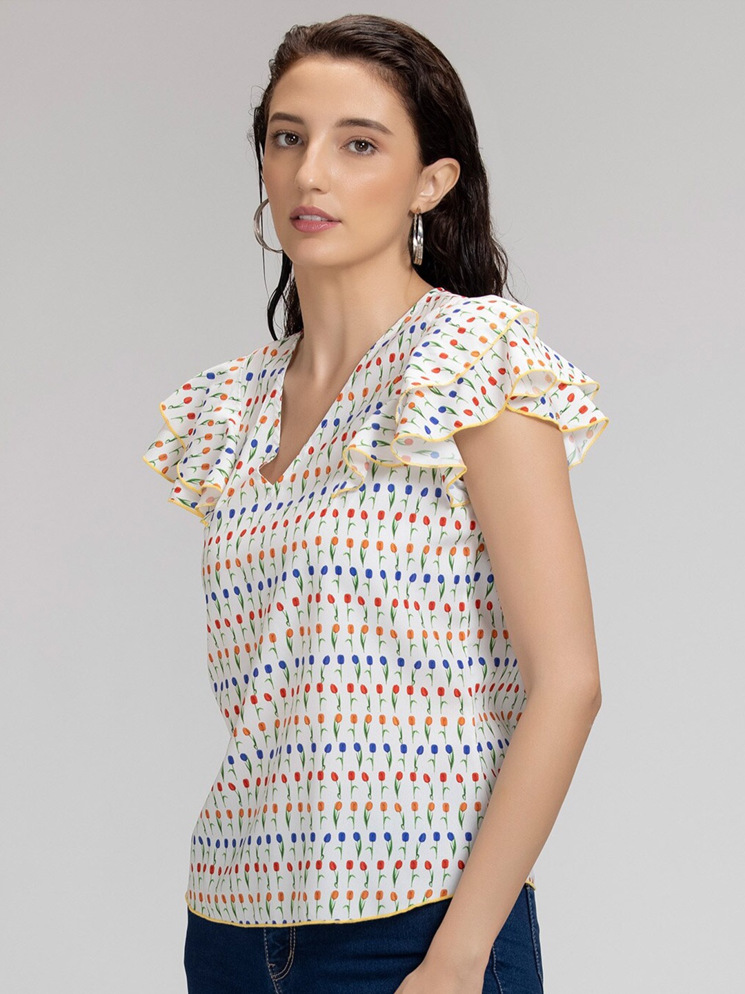 

SHAYE Women White & Blue Floral Print Crepe Top
