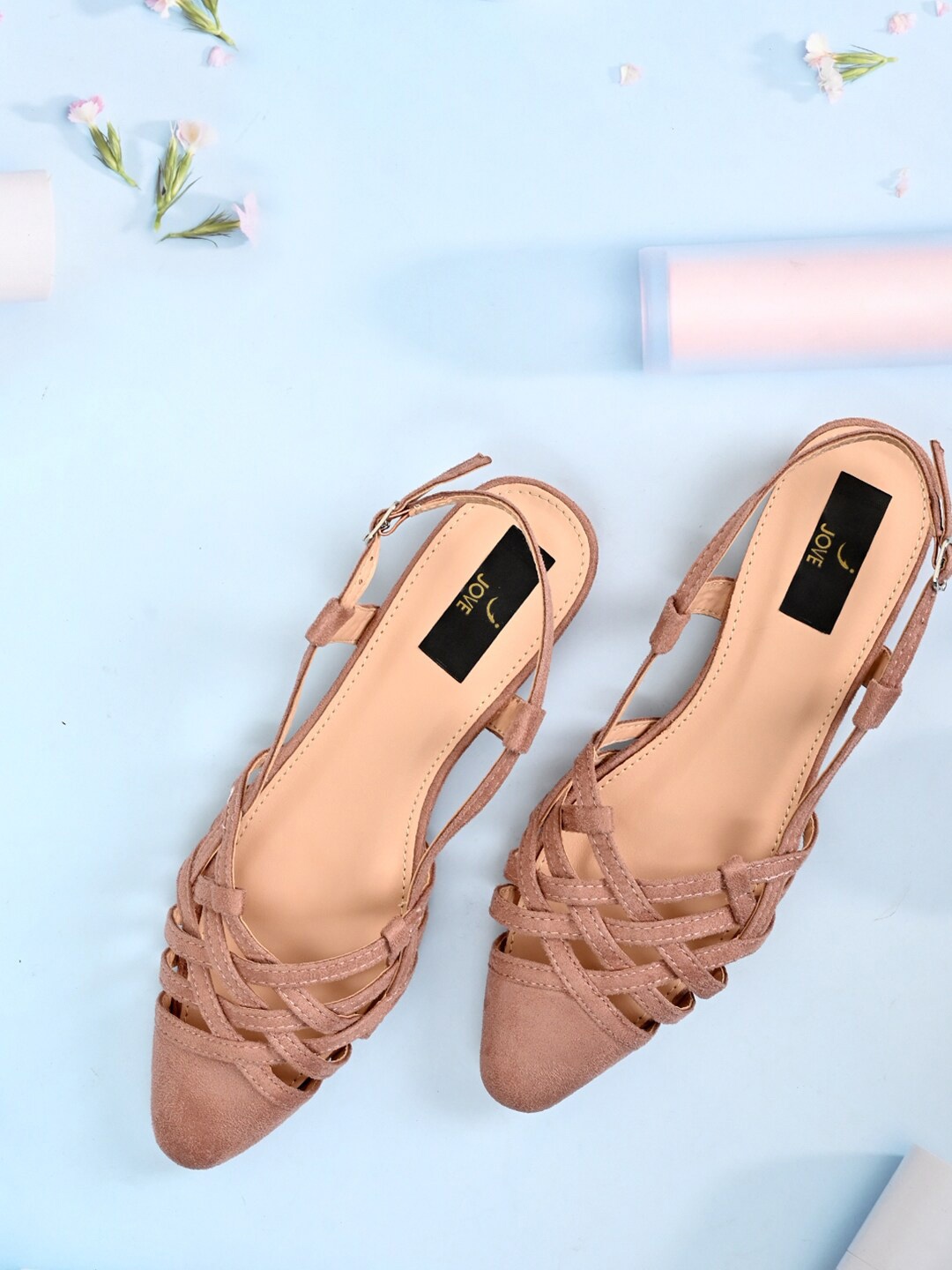 

Jove Nude-Coloured & Beige Block Mules with Buckles