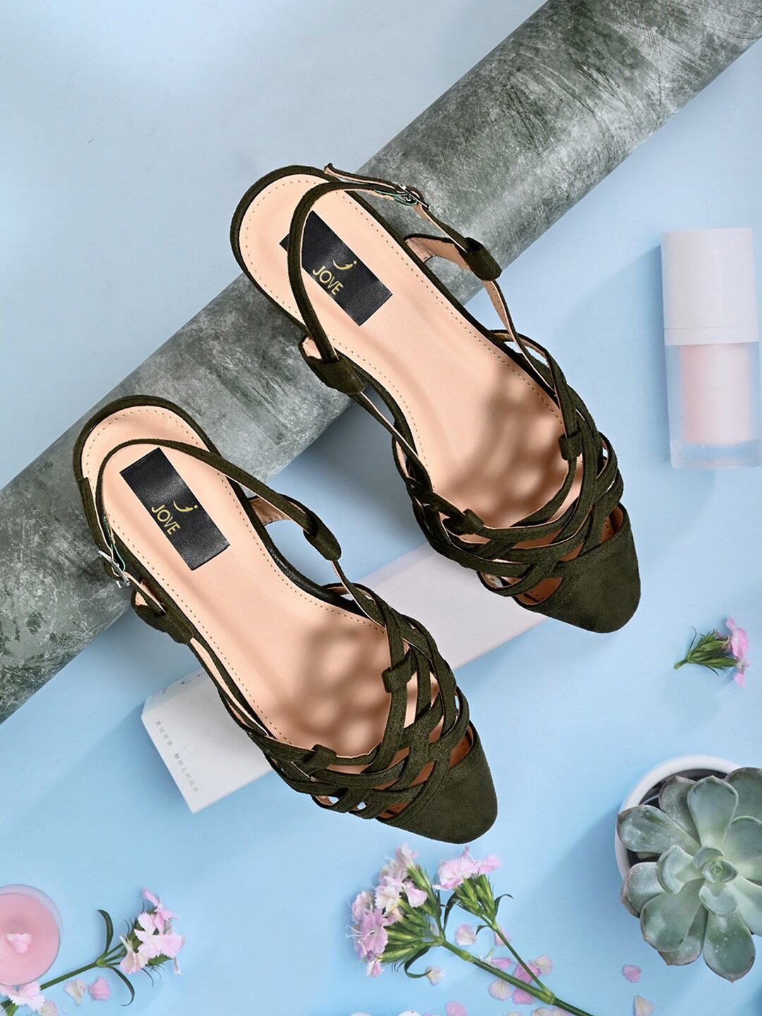

Jove Olive Green Block Mules with Buckles