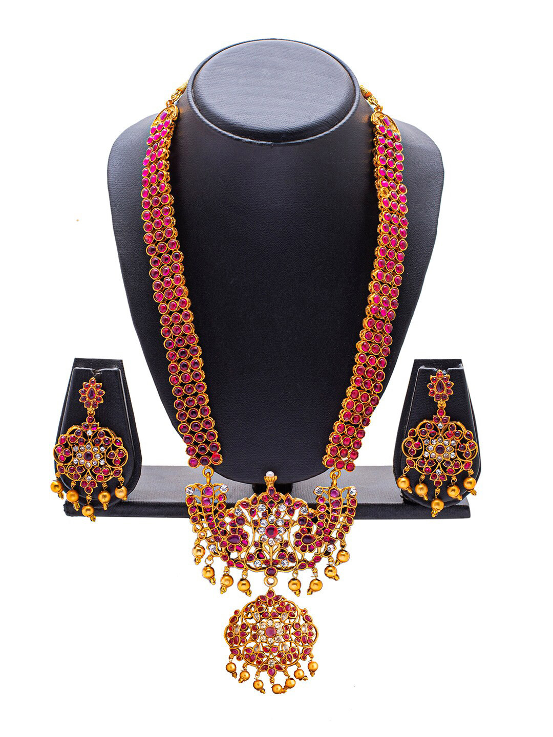 

Shining Jewel - By Shivansh Gold Plated Traditional CZ Studded Long Bridal Jewellery Set, Maroon