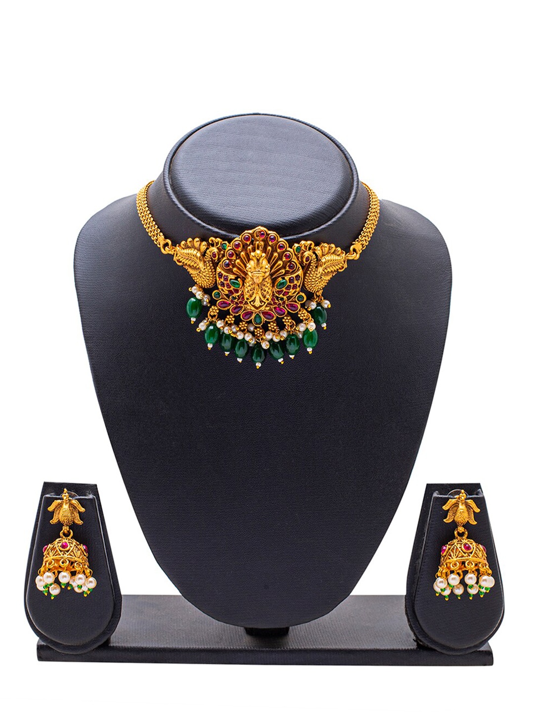 

Shining Jewel - By Shivansh Green Brass Gold-Plated Necklace With Earrings