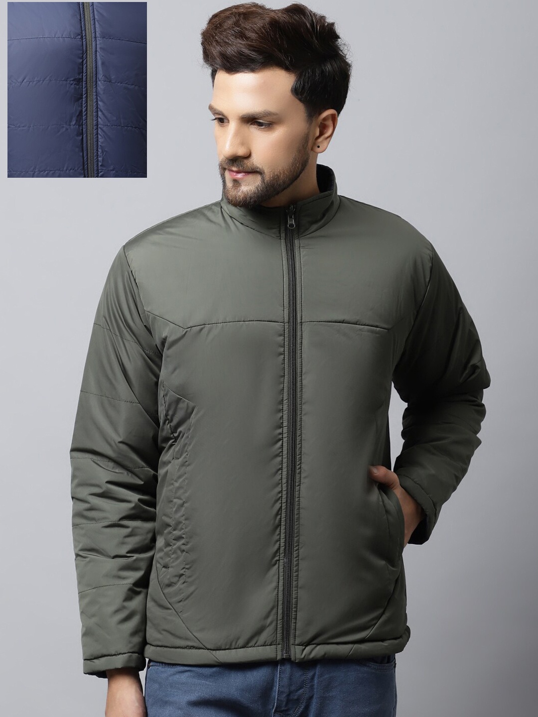 

Cantabil Men Olive Green Navy Blue Reversible Padded Jacket