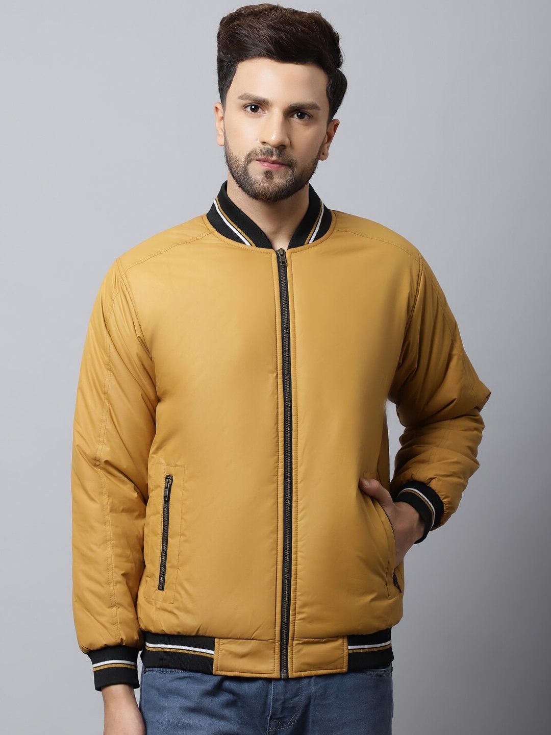 

Cantabil Men Mustard & Black Lightweight Bomber Jacket