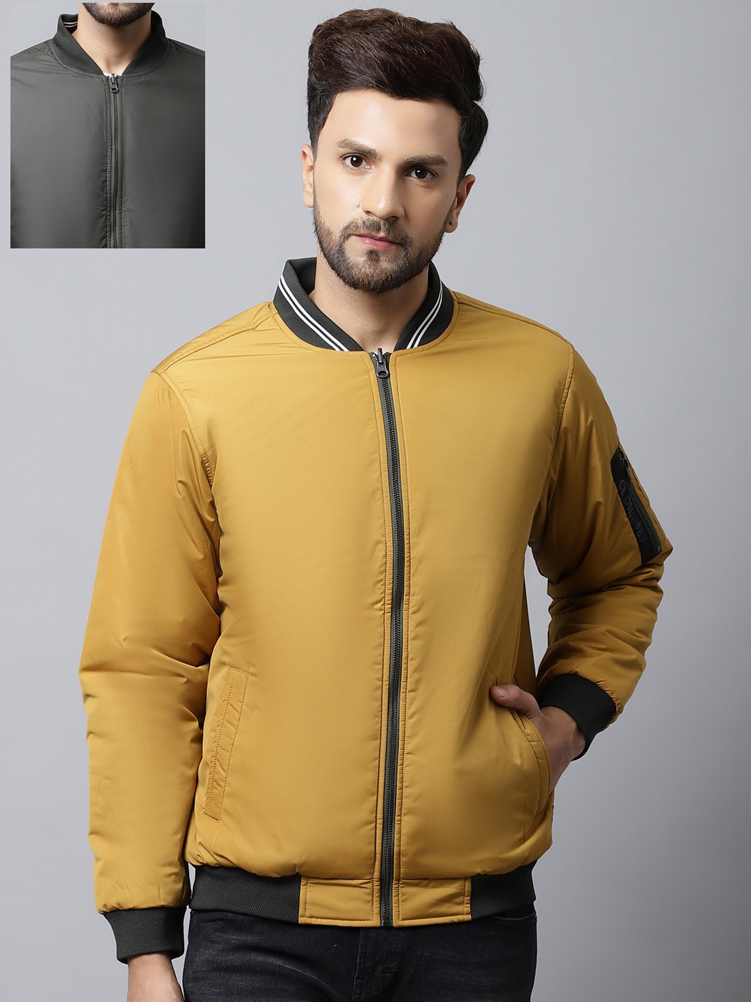 

Cantabil Men Mustard Olive Green Reversible Bomber Jacket