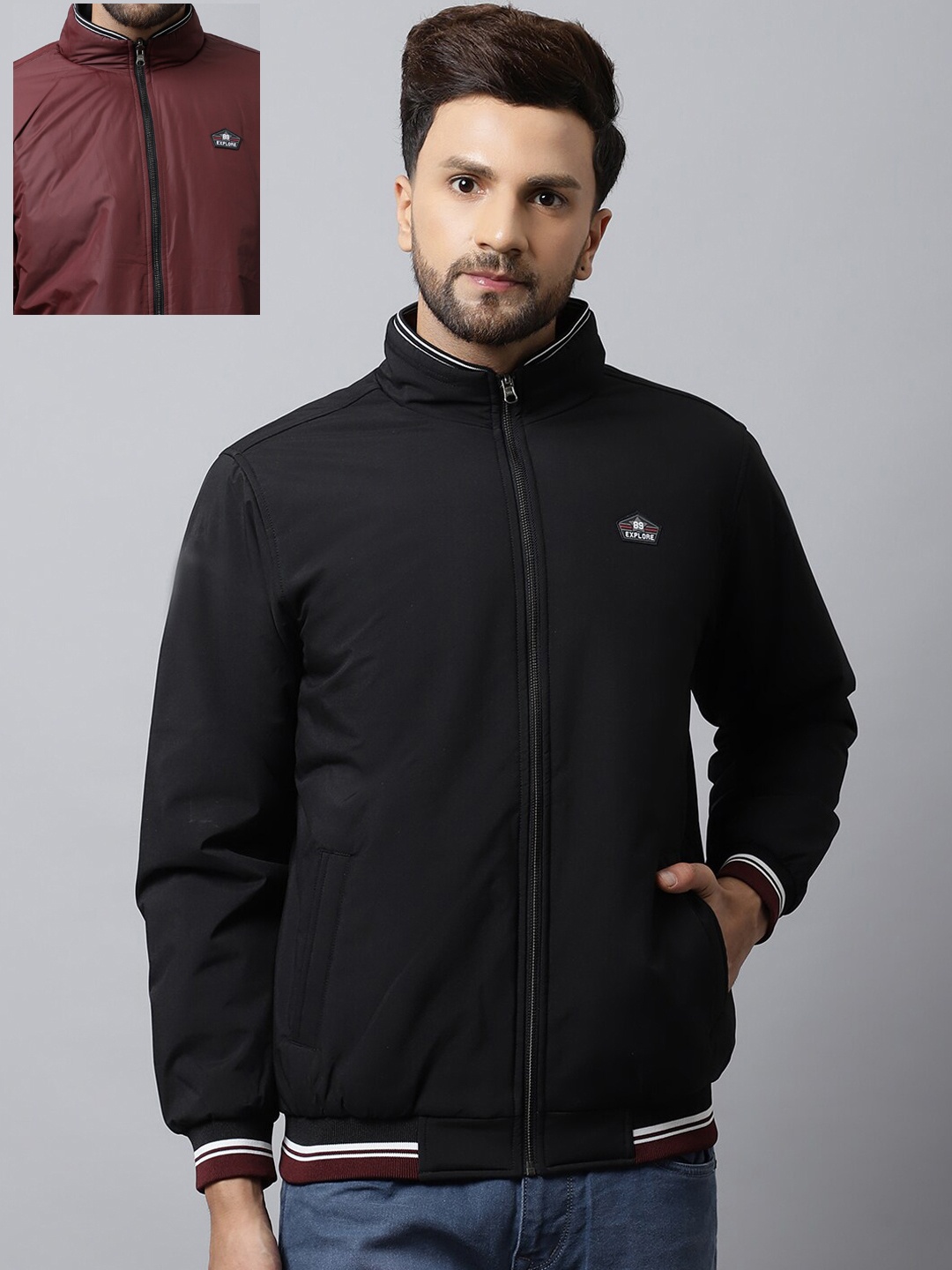 

Cantabil Men Black Maroon Reversible Bomber Jacket