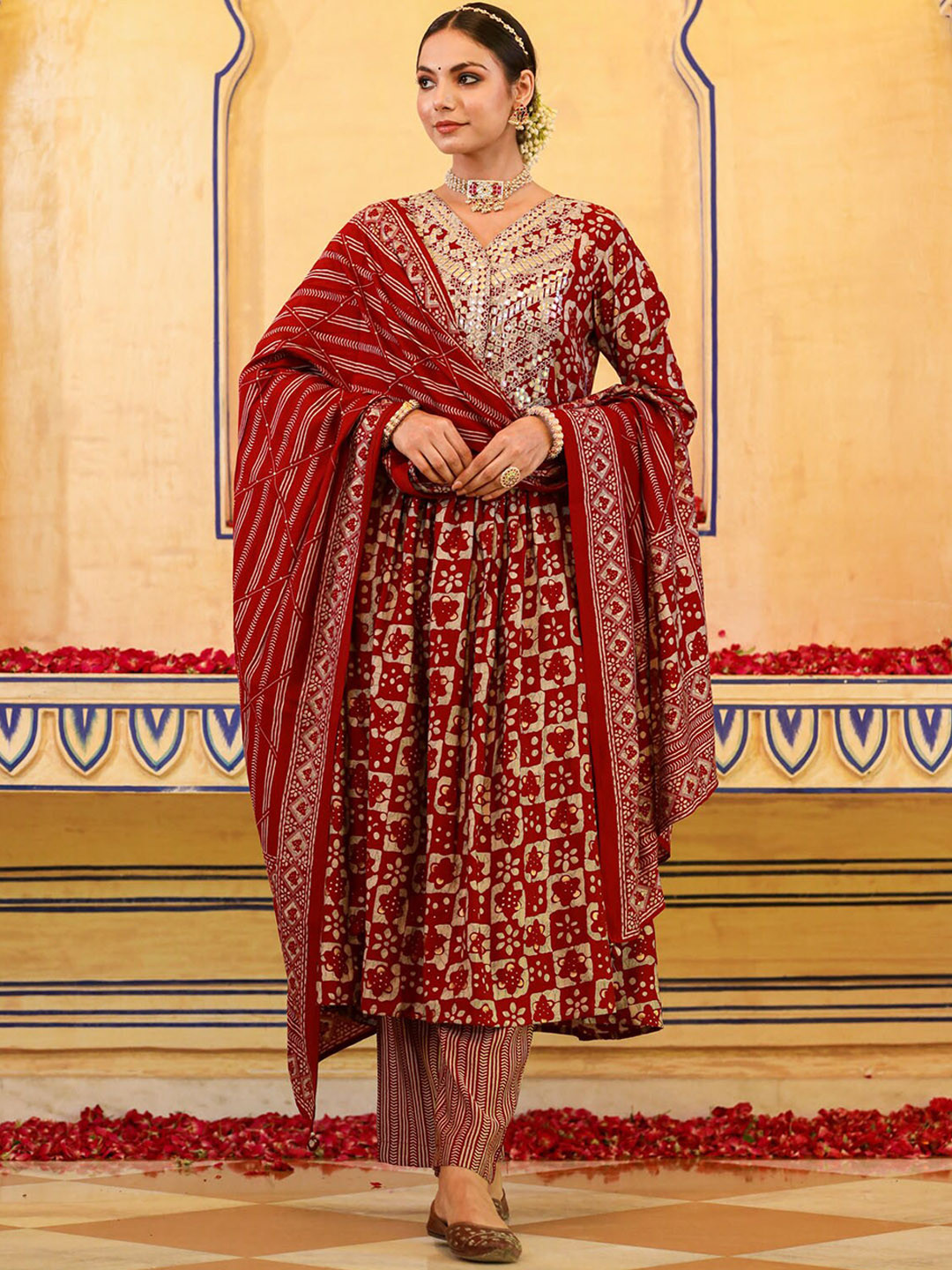 

FASHION DWAR Women Red Ethnic Motifs Embroidered Mirror Work Kurta with Palazzos & Dupatta
