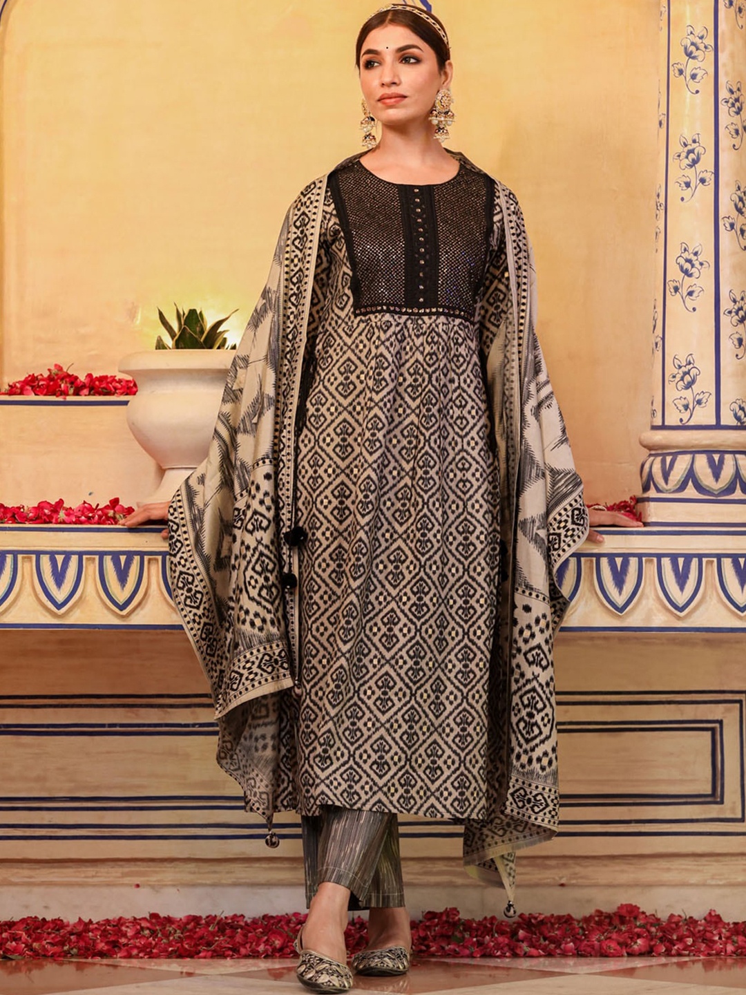 

FASHION DWAR Women Black Embroidered Mirror Work Kurta with Palazzos & Dupatta