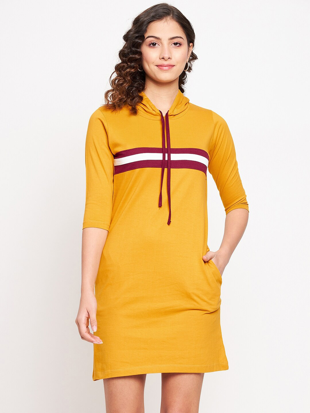 

JHANKHI Women Mustard Yellow & White Striped T-shirt Cotton Dress