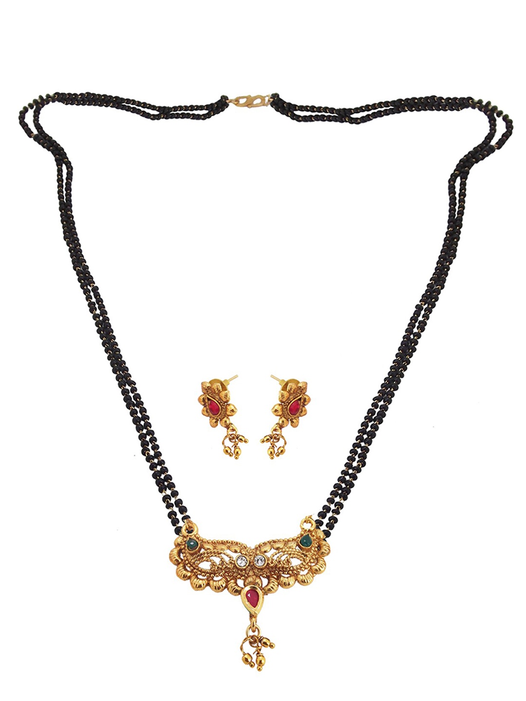 

FEMMIBELLA Gold-Plated & Toned Black & Red CZ Stone Studded Studded Mangalsutra Set