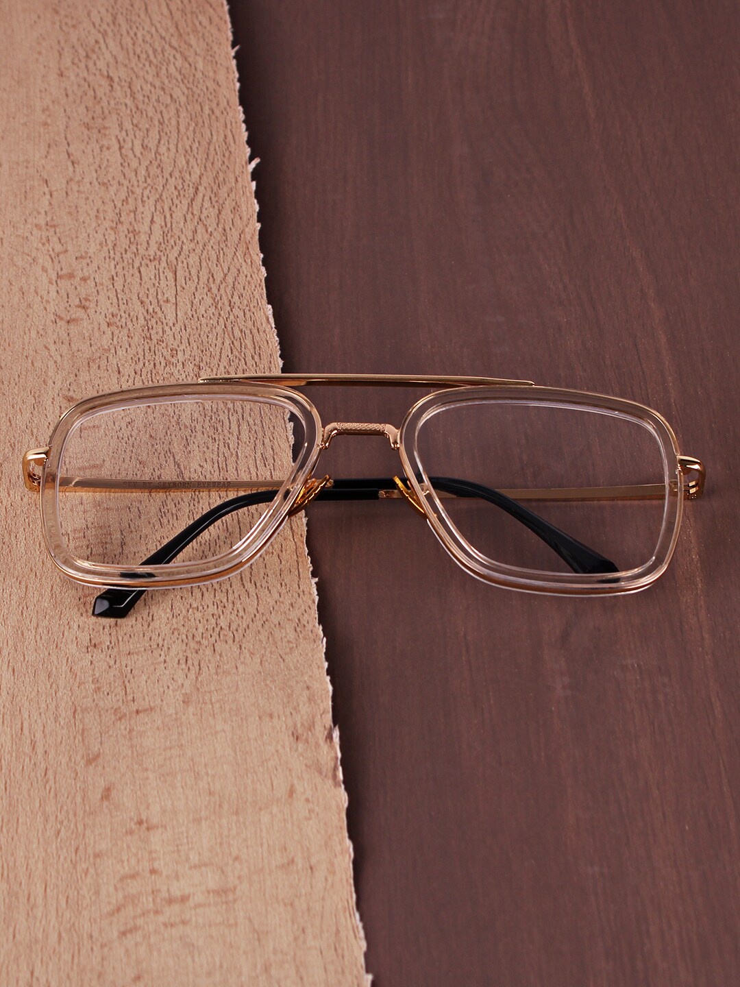 

FUZOKU Unisex Clear Lens & Gold-Toned Wayfarer Sunglasses with UV Protected Lens, Transparent