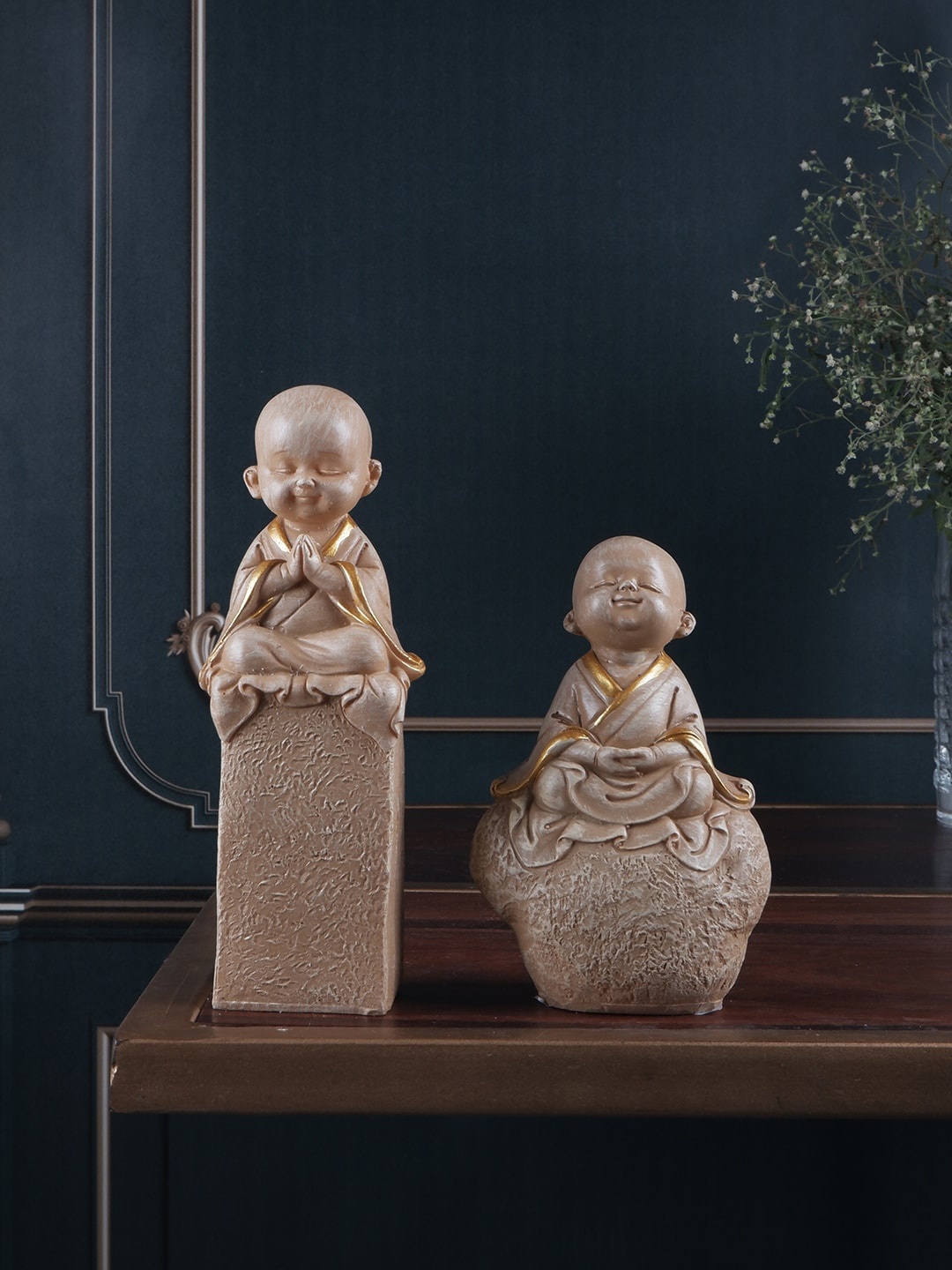 THE WHITE INK DECOR Set Of 2 Beige Textured Monk Showpieces