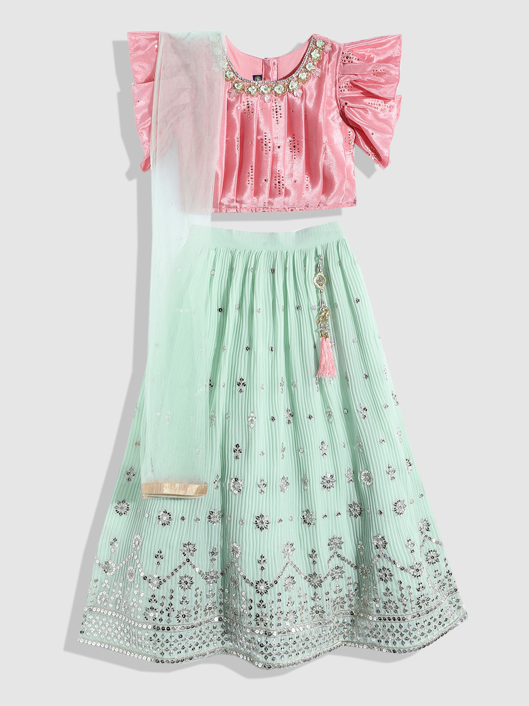 

YK Girls Pink & Sea Green Embellished Sequinned Ready to Wear Lehenga & Blouse With Dupatta