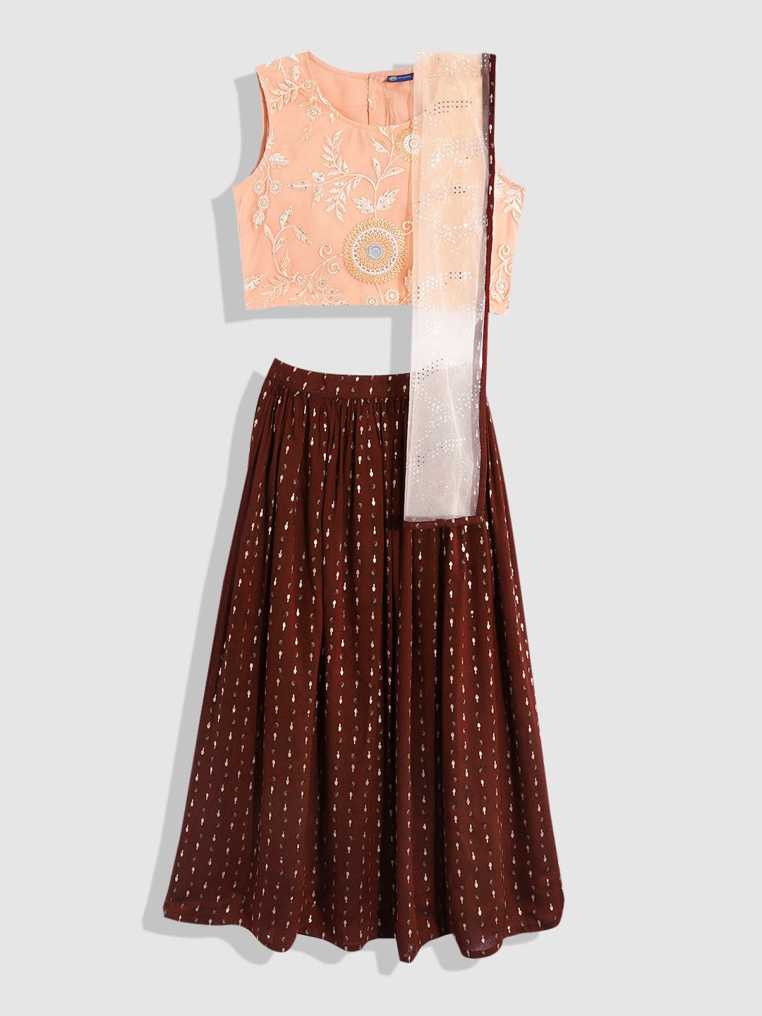 

YK Girls Coffee Brown & Peach Embroidered Sequinned Ready to Wear Lehenga Set