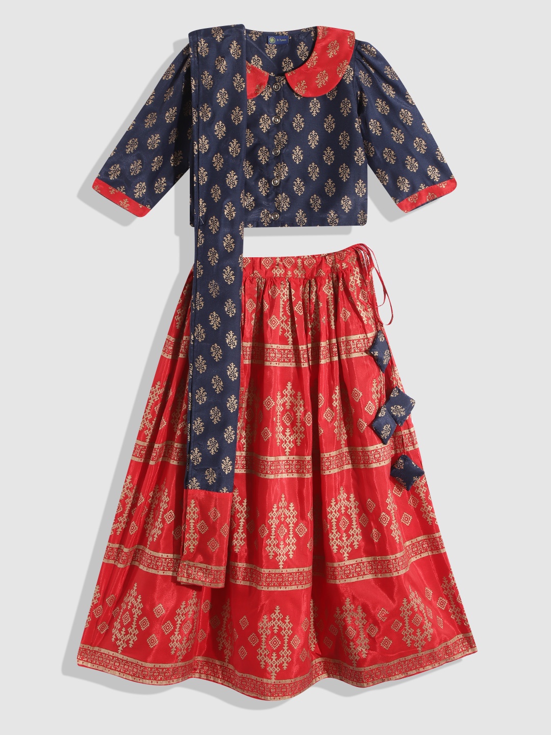 

YK Girls Navy Blue & Red Printed Ready to Wear Lehenga & Blouse With Dupatta