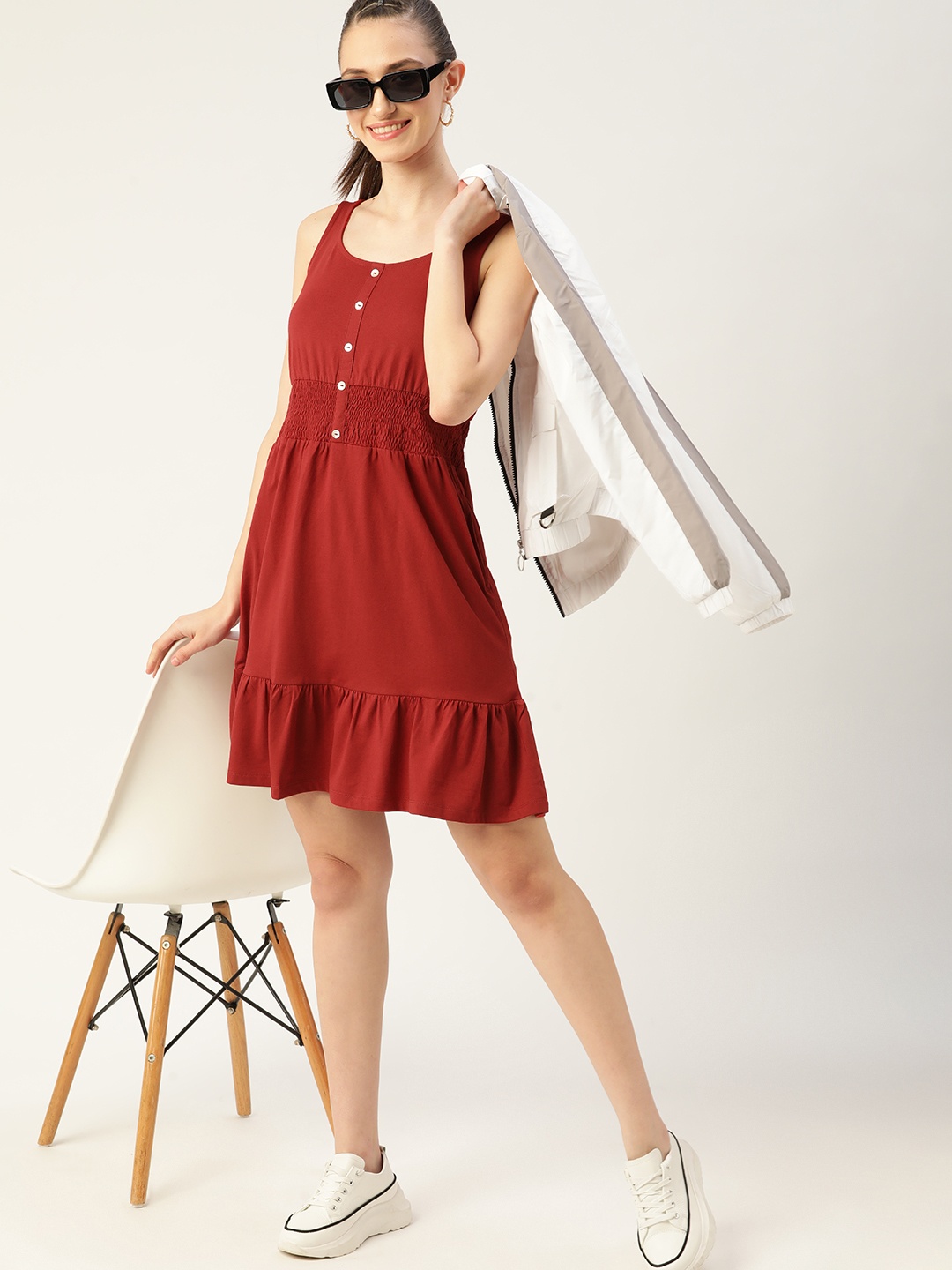 

DressBerry Women Red Solid Smocked Dress