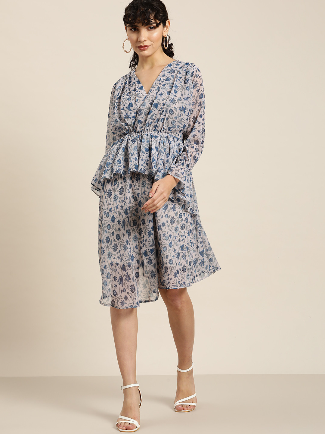 

Moda Rapido Beige & Blue Floral Layered Dress