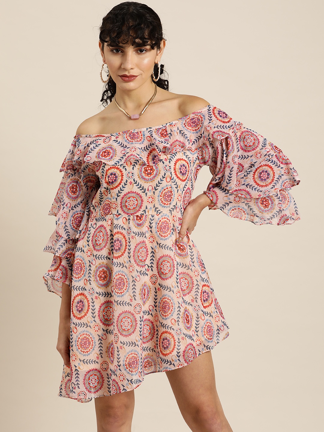 

Moda Rapido Peach-Coloured Floral Off-Shoulder Layered A-Line Dress