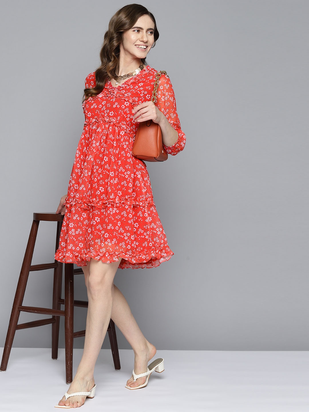 

HERE&NOW Women Red Floral Layered Dress