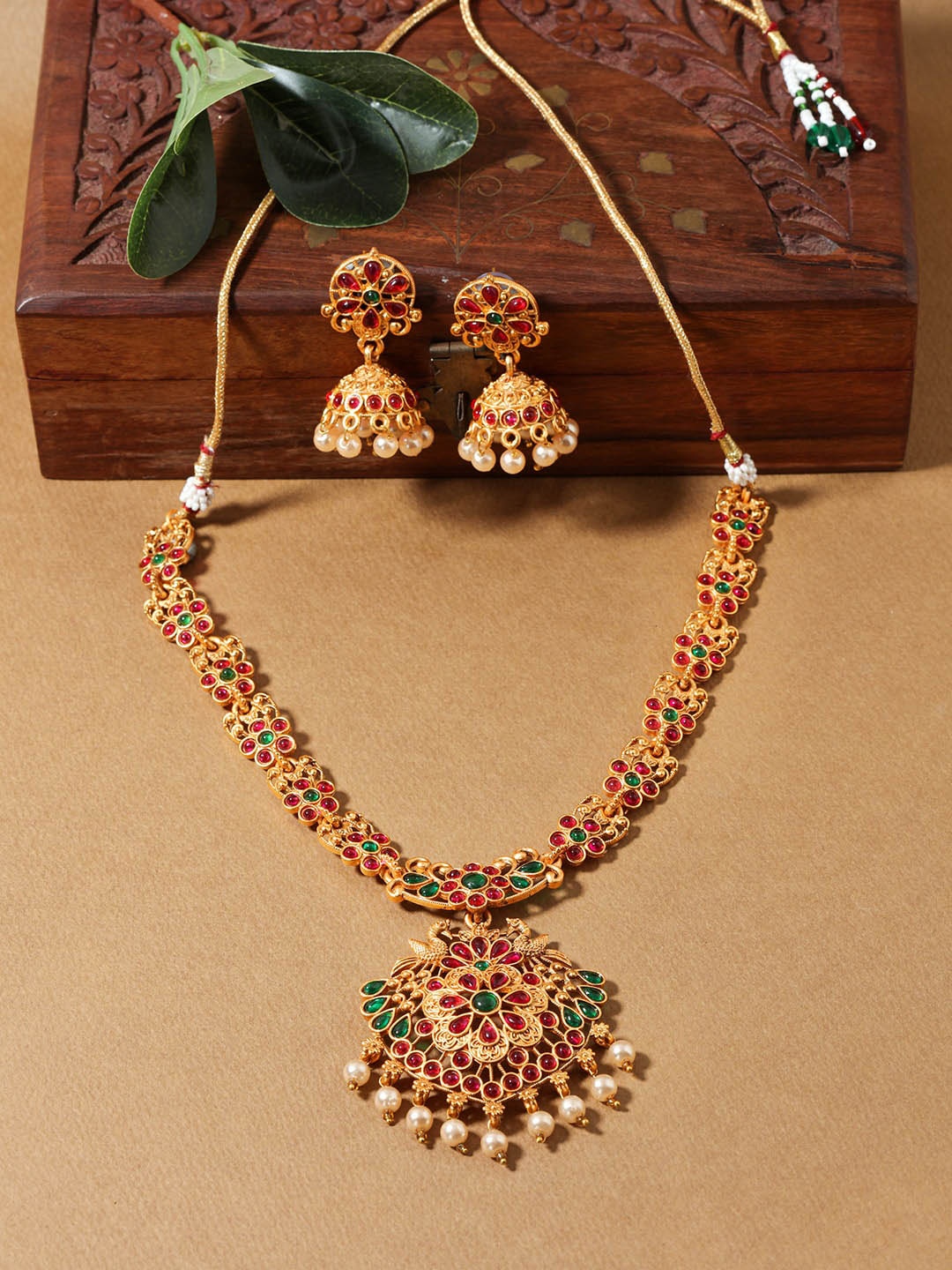 

AccessHer Gold-Plated Red & Green Stone-Studded Jewellery Set