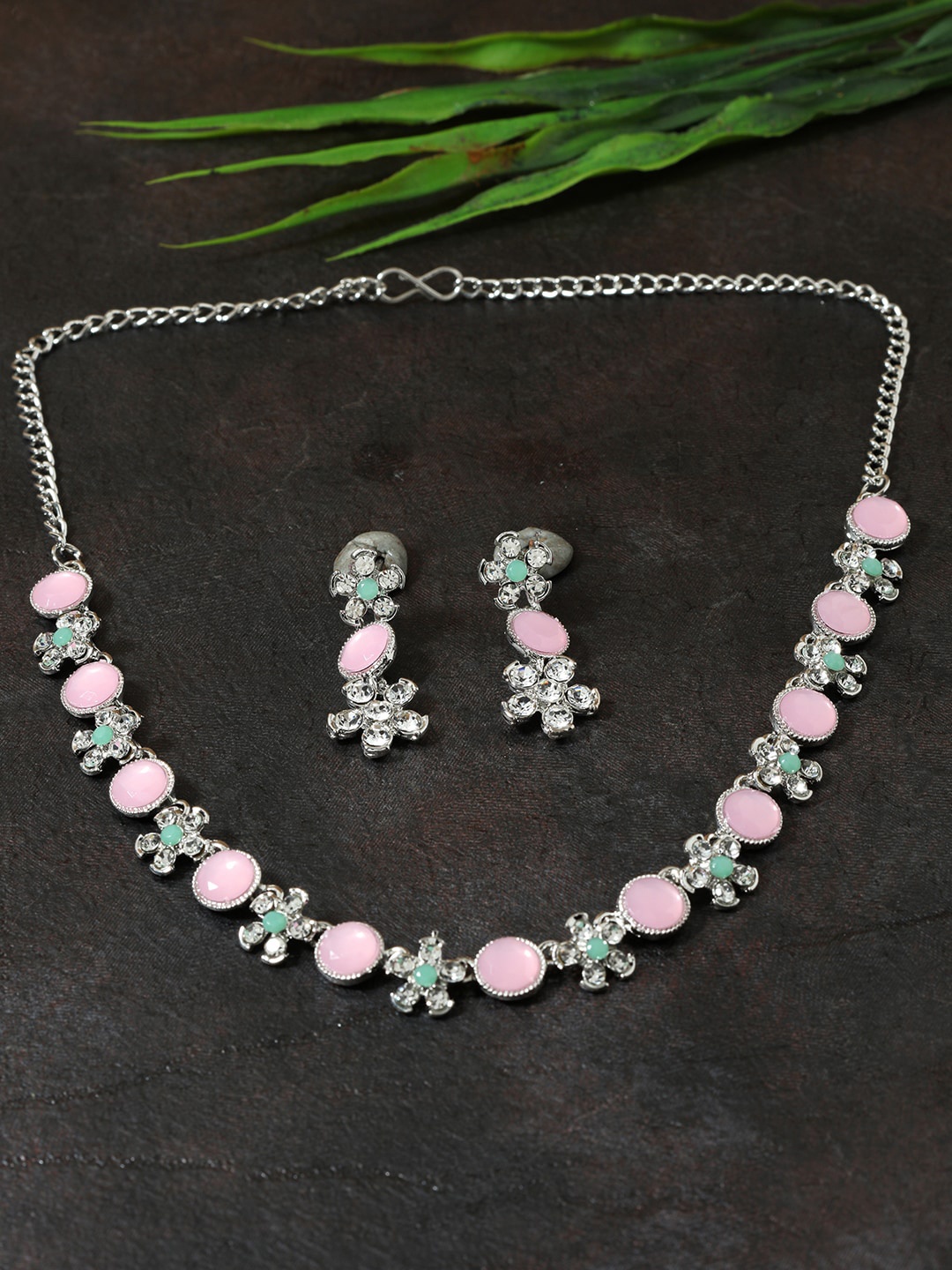 

AccessHer Women Silver-Plated Pink & White Stone-Studded Jewellery Set