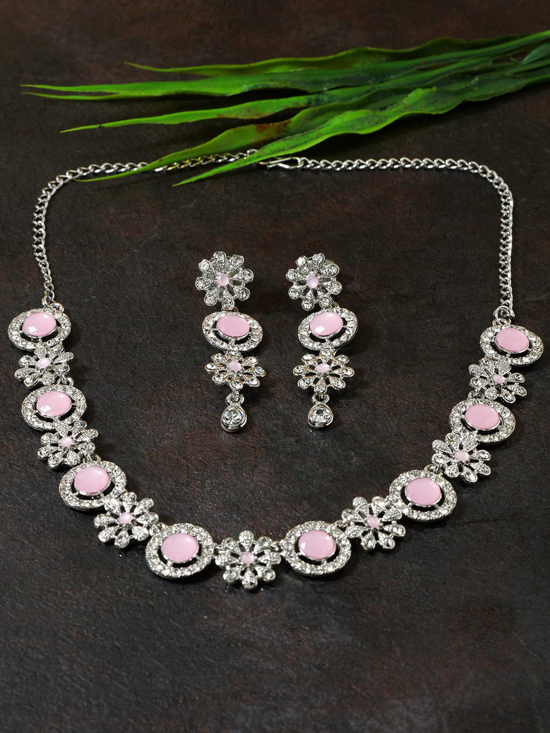 

AccessHer Silver-Plated Pink Stone-Studded Jewellery Set