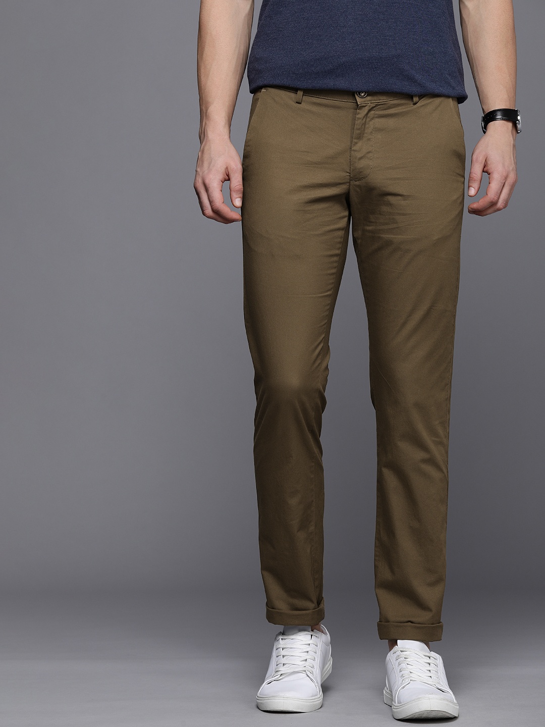 

Allen Solly Men Solid Slim Fit Trousers, Khaki