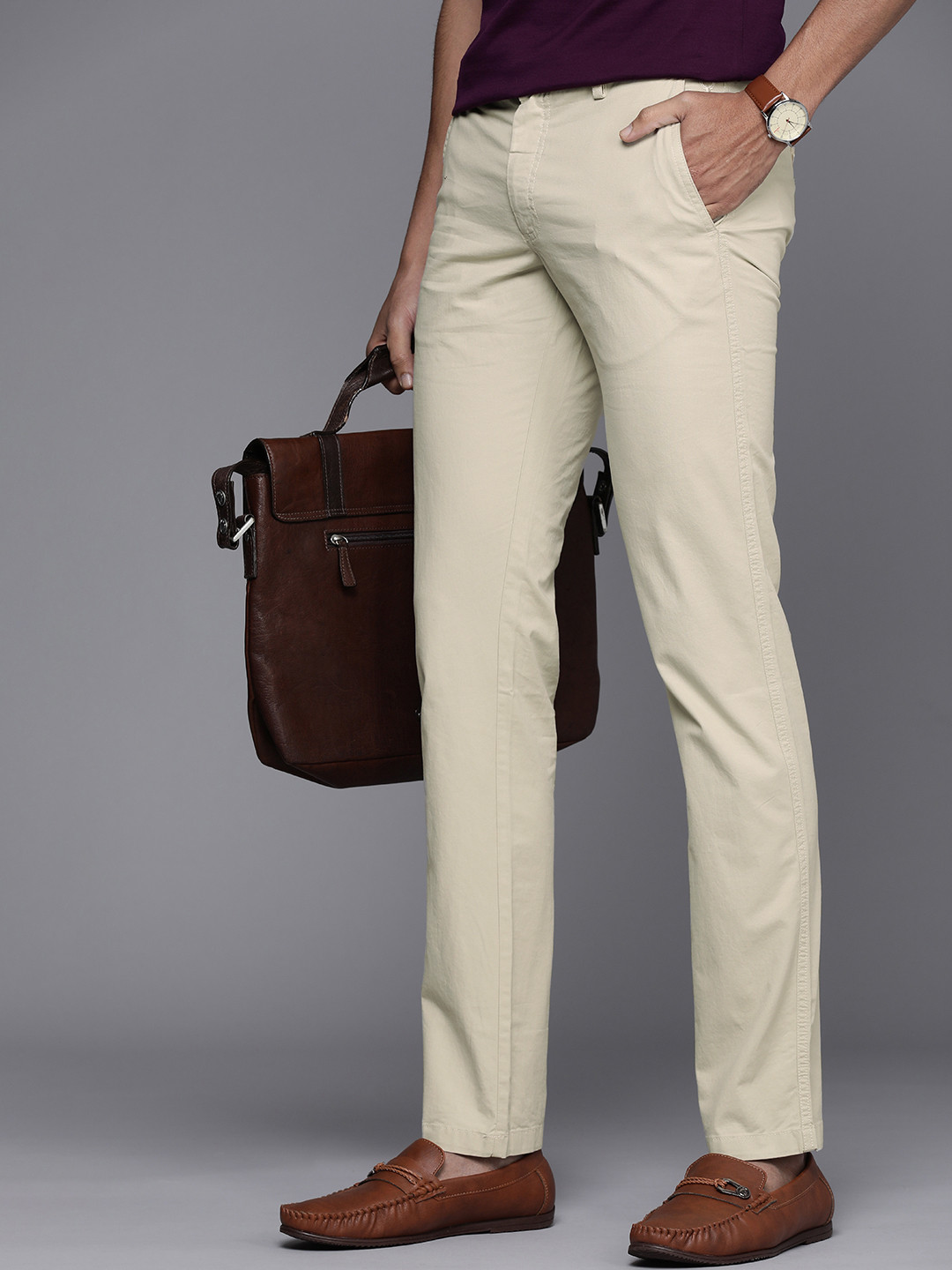 

Allen Solly Men Solid Slim Fit Mid-Rise Smart Casual Trousers, Beige
