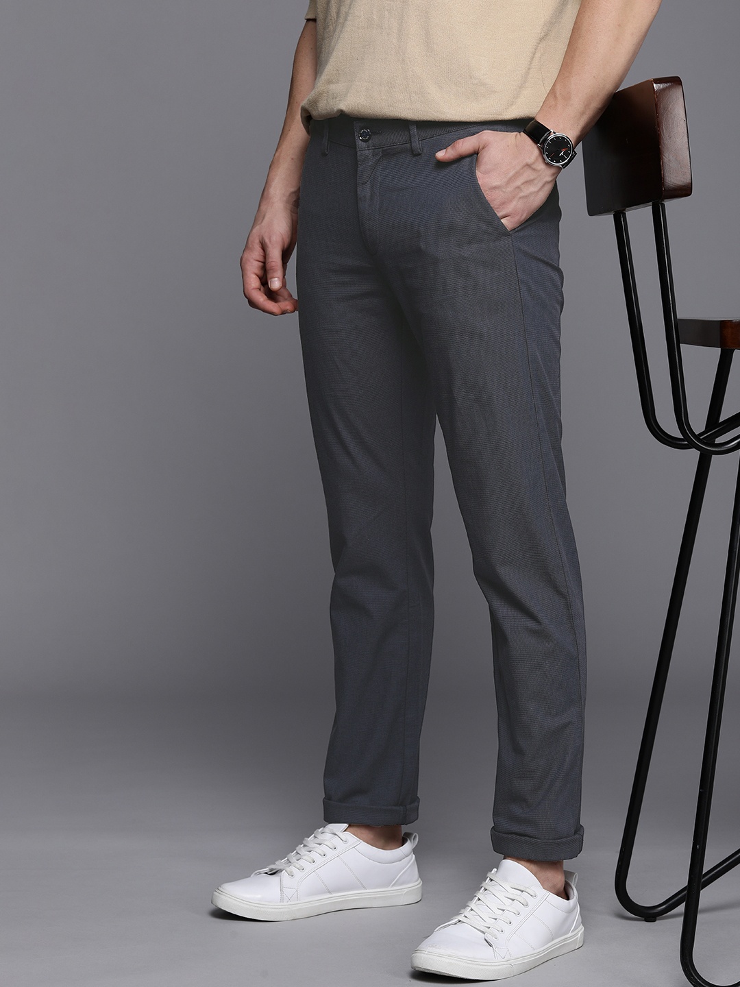 

Allen Solly Men Textured Slim Fit Trousers, Navy blue