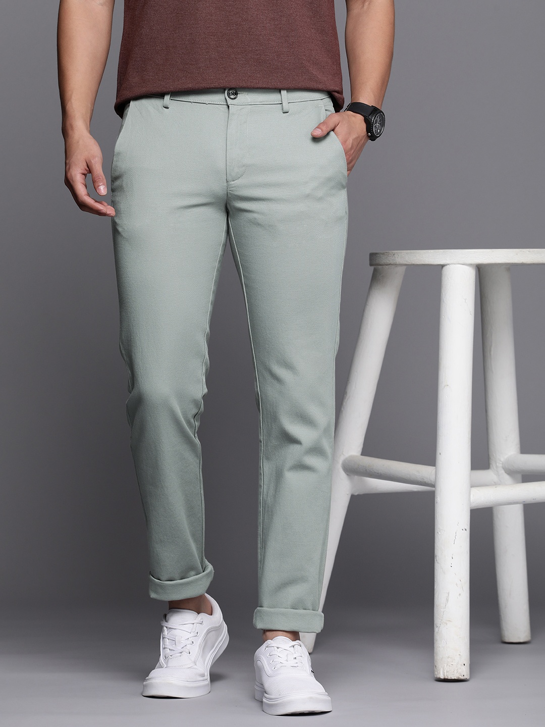 

Allen Solly Men Self Design Textured Slim Fit Casual Trousers, Green