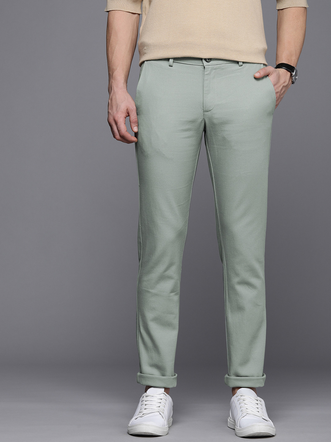 

Allen Solly Men Textured Slim Fit Trousers, Olive