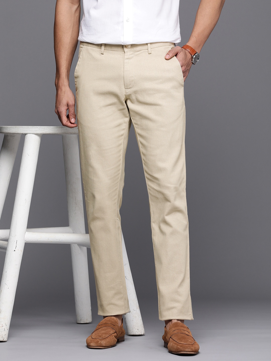 

Allen Solly Men Self Design Textured Slim Fit Casual Trousers, Beige