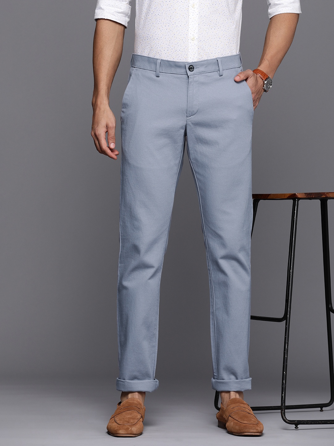 

Allen Solly Men Self Design Textured Slim Fit Casual Trousers, Blue