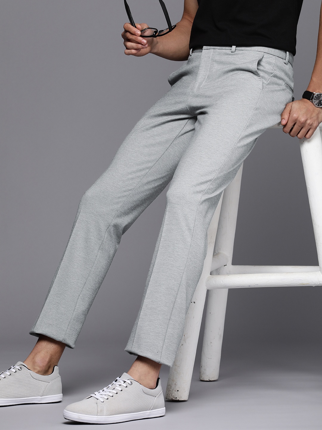 

Allen Solly Men Self Design Textured Slim Fit Casual Trousers, Grey