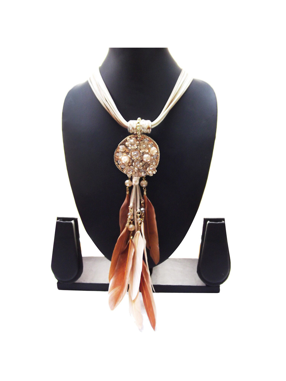 

FEMMIBELLA Brown & White Beaded Feather Bohemian Necklace