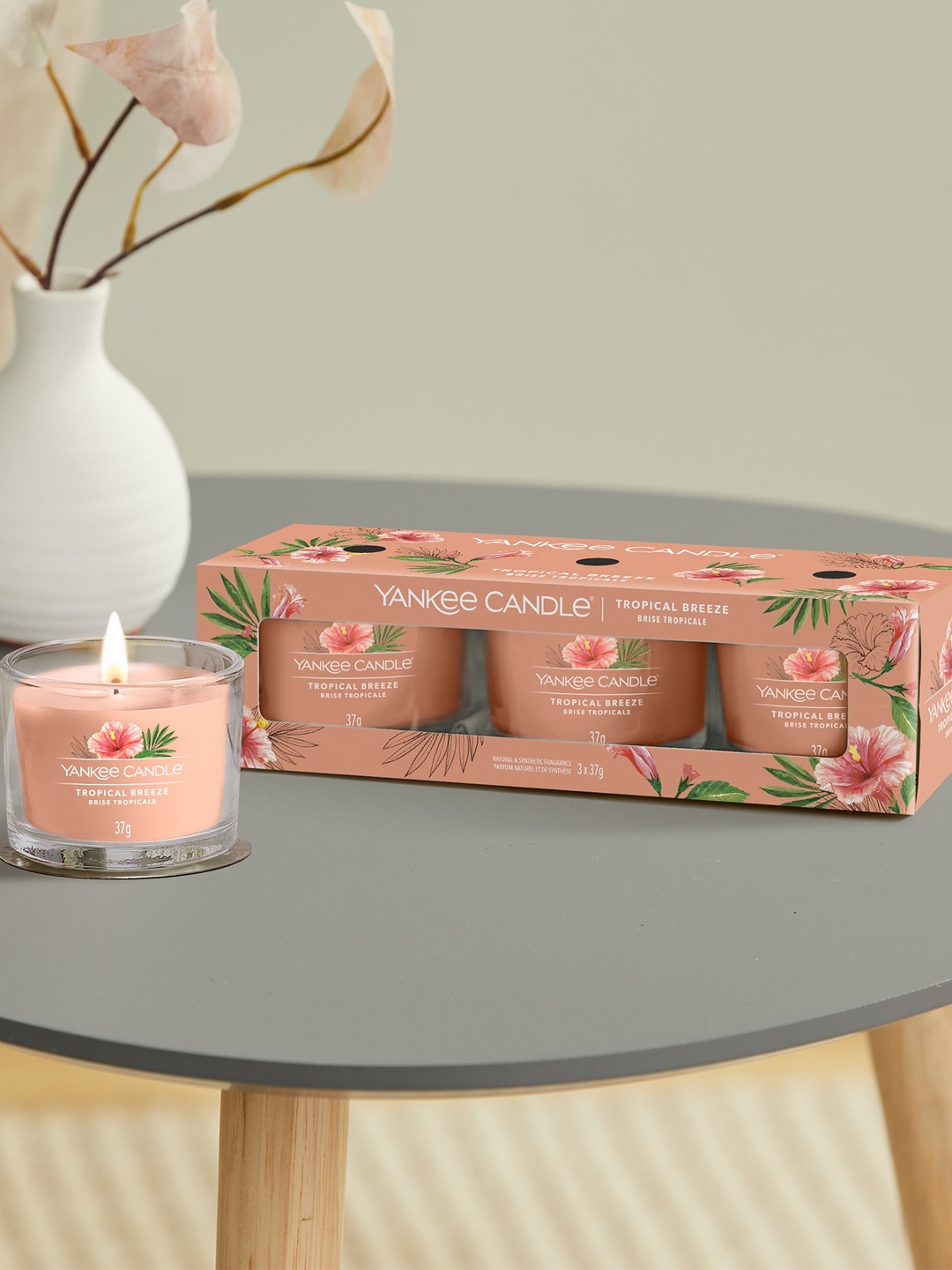 

YANKEE CANDLE Peach Set of 3 Tropical Breeze Pillar Scented Candles
