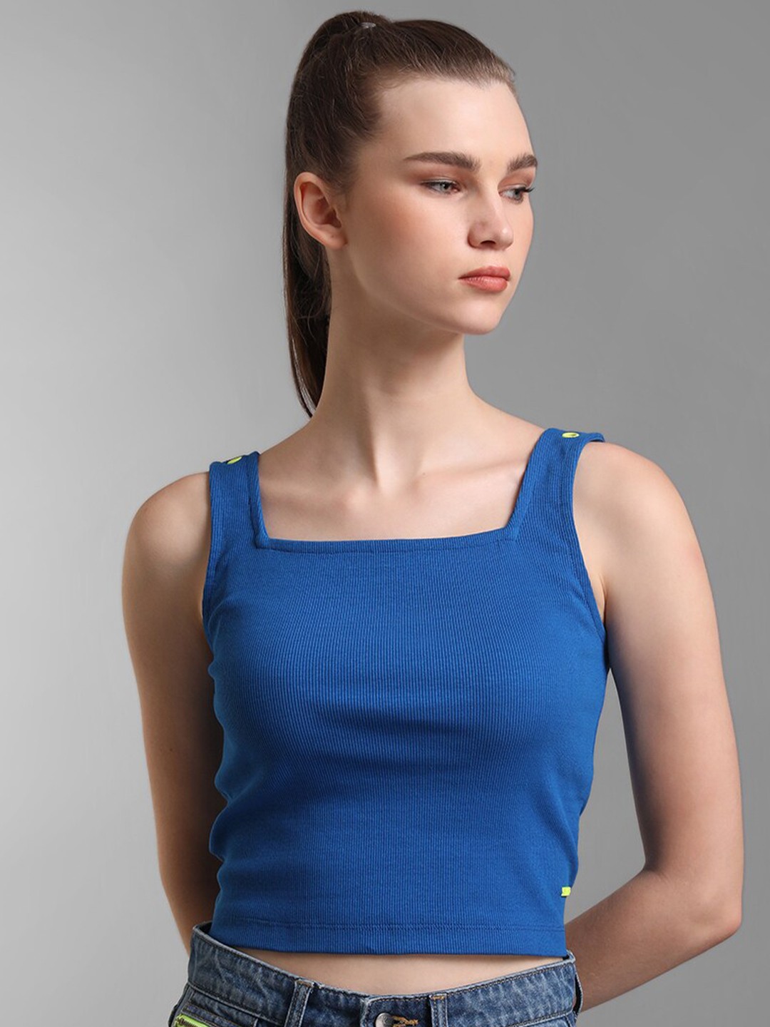 

Kazo Women Blue Tank Crop Pure Cotton Top