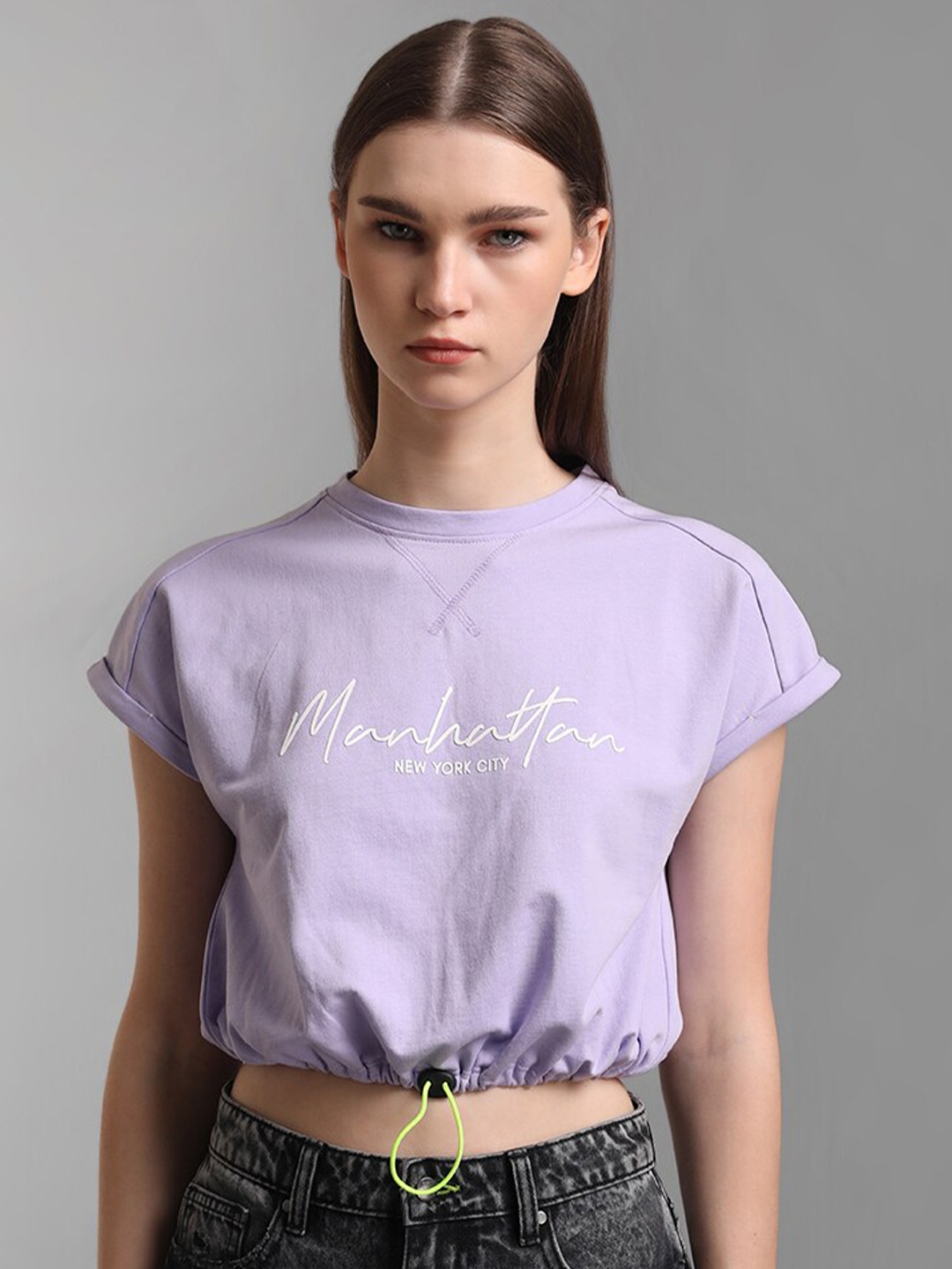 

Kazo Purple Pure Cotton Extended Sleeves Blouson Crop Top