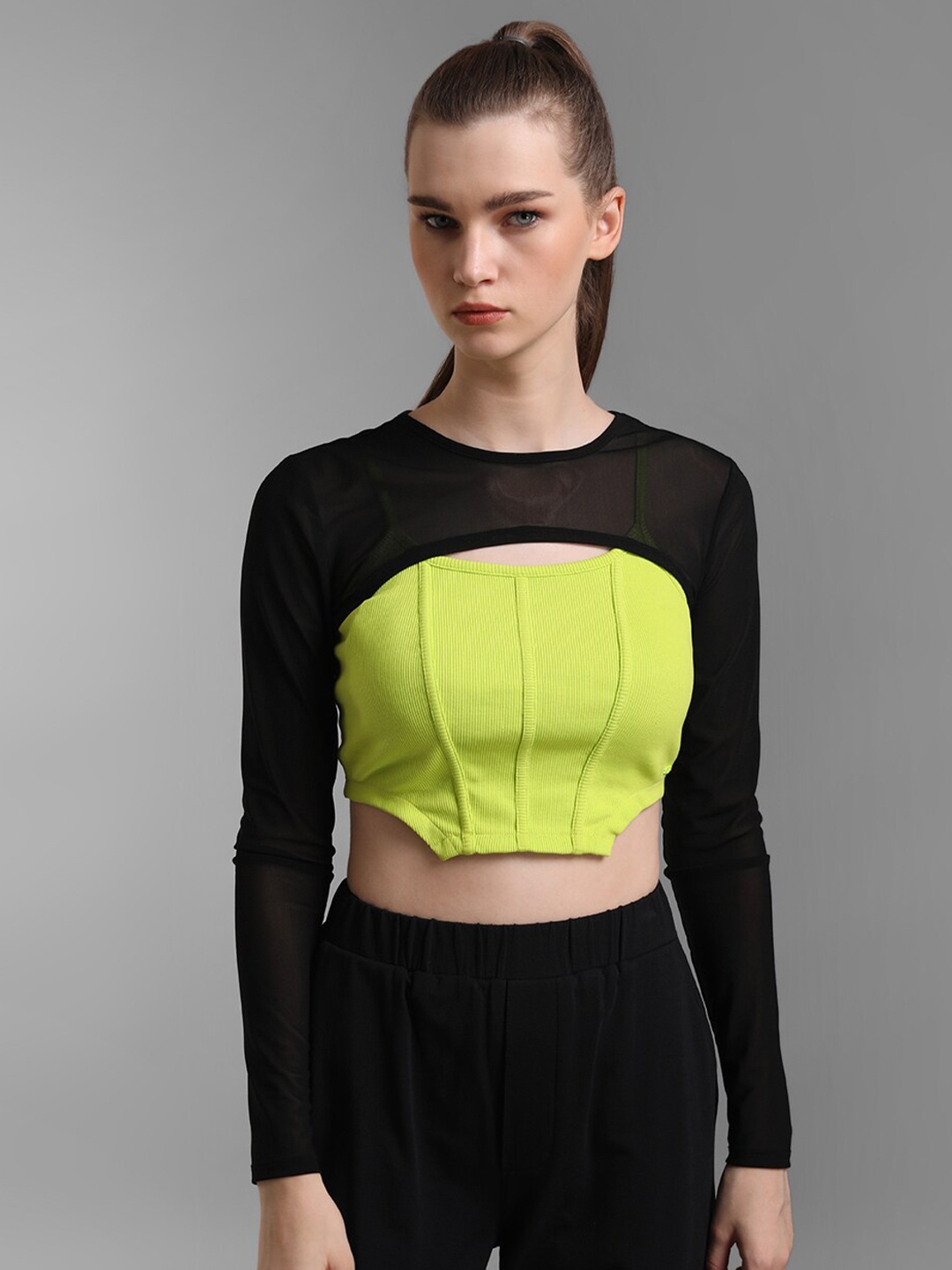 

Kazo Black & Lime Green Colourblocked Crop Top