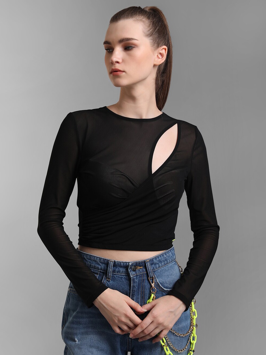 

Kazo Women Black Round Neck Cut Out Crop Top