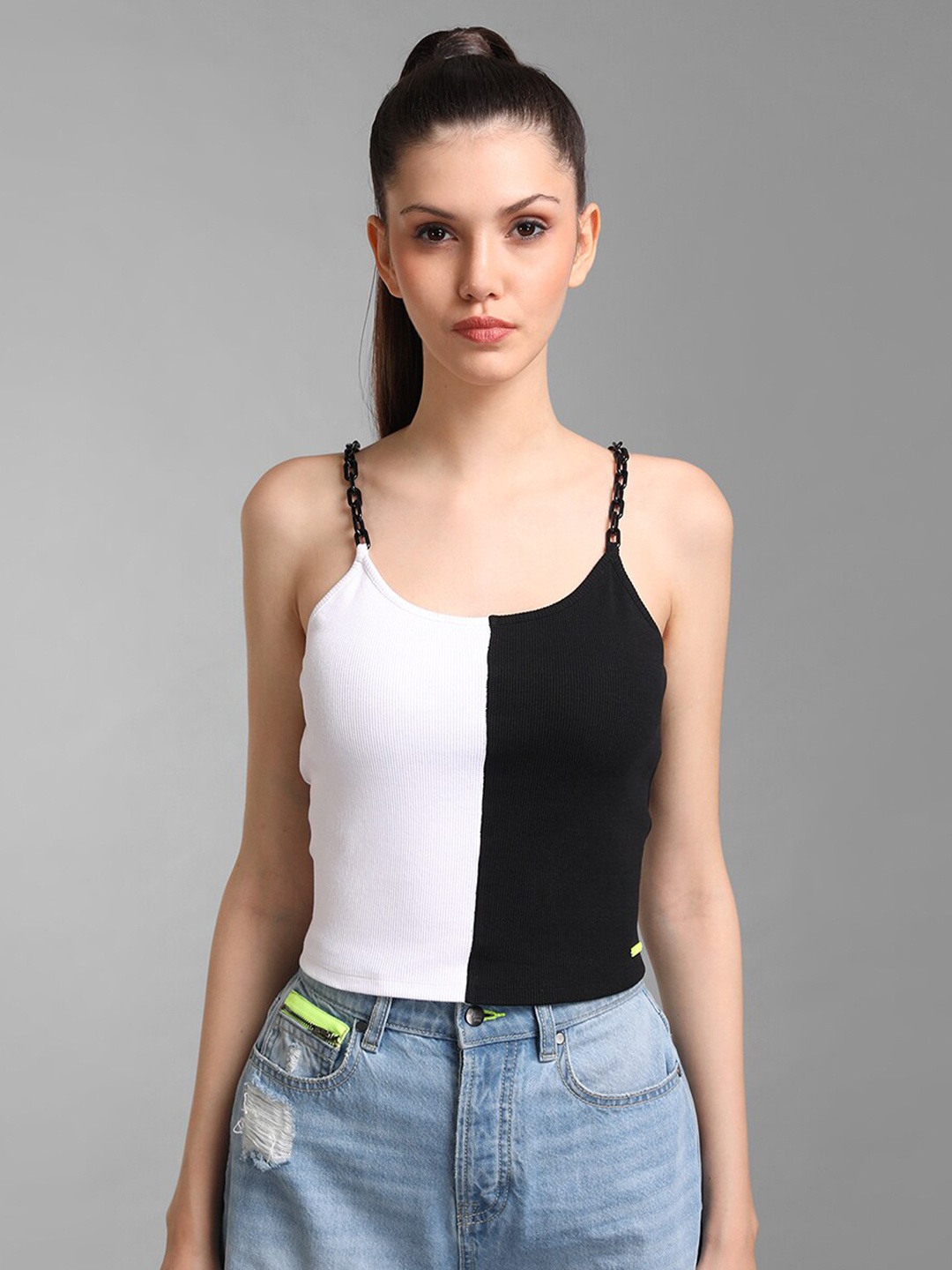 

Kazo White & Black Colourblocked Pure Cotton Crop Top