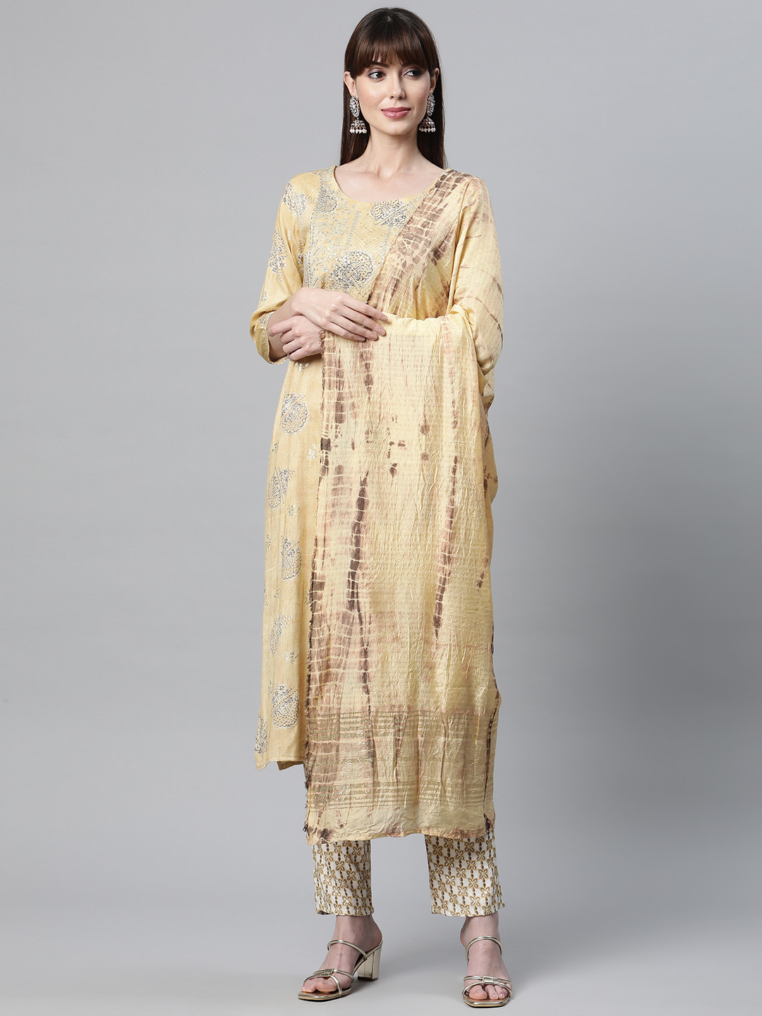 

Readiprint Women Yellow Ethnic Motifs Printed Gotta Patti Kurta with Palazzos & With Dupatta