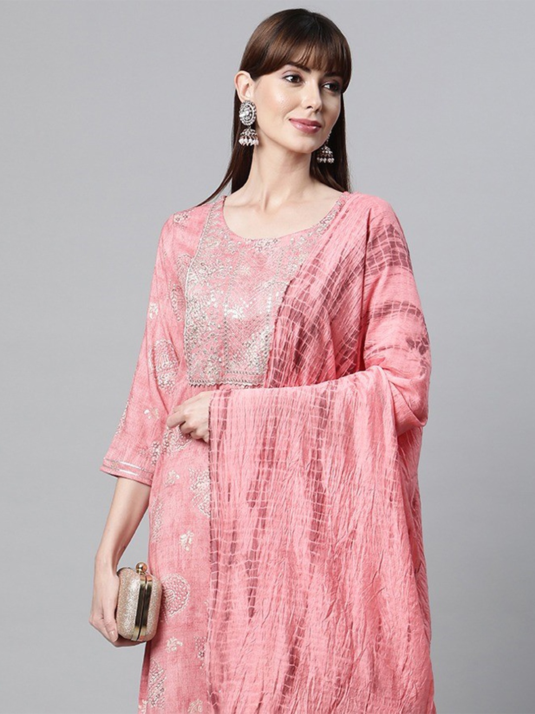 

Readiprint Women Pink Floral Printed Gotta Patti Kurta with Palazzos & With Dupatta