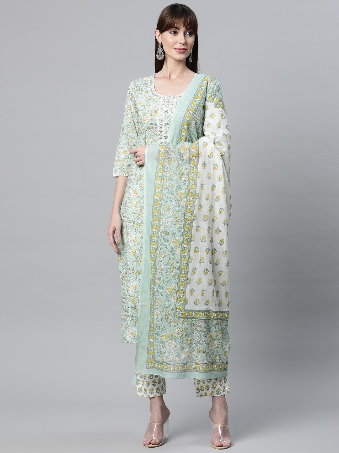 

Readiprint Fashions Women Sea Green Floral Printed Thread Work Pure Cotton Kurta with Palazzos & With