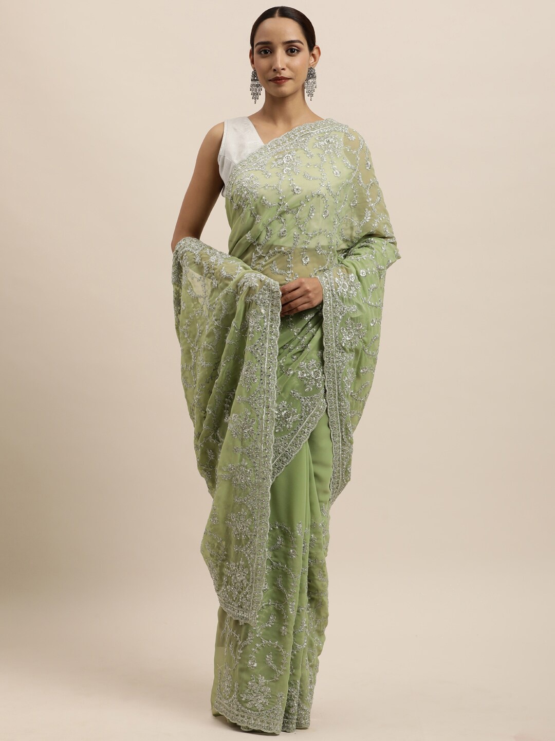 

kasee Green & Silver-Toned Floral Embroidered Pure Georgette Saree
