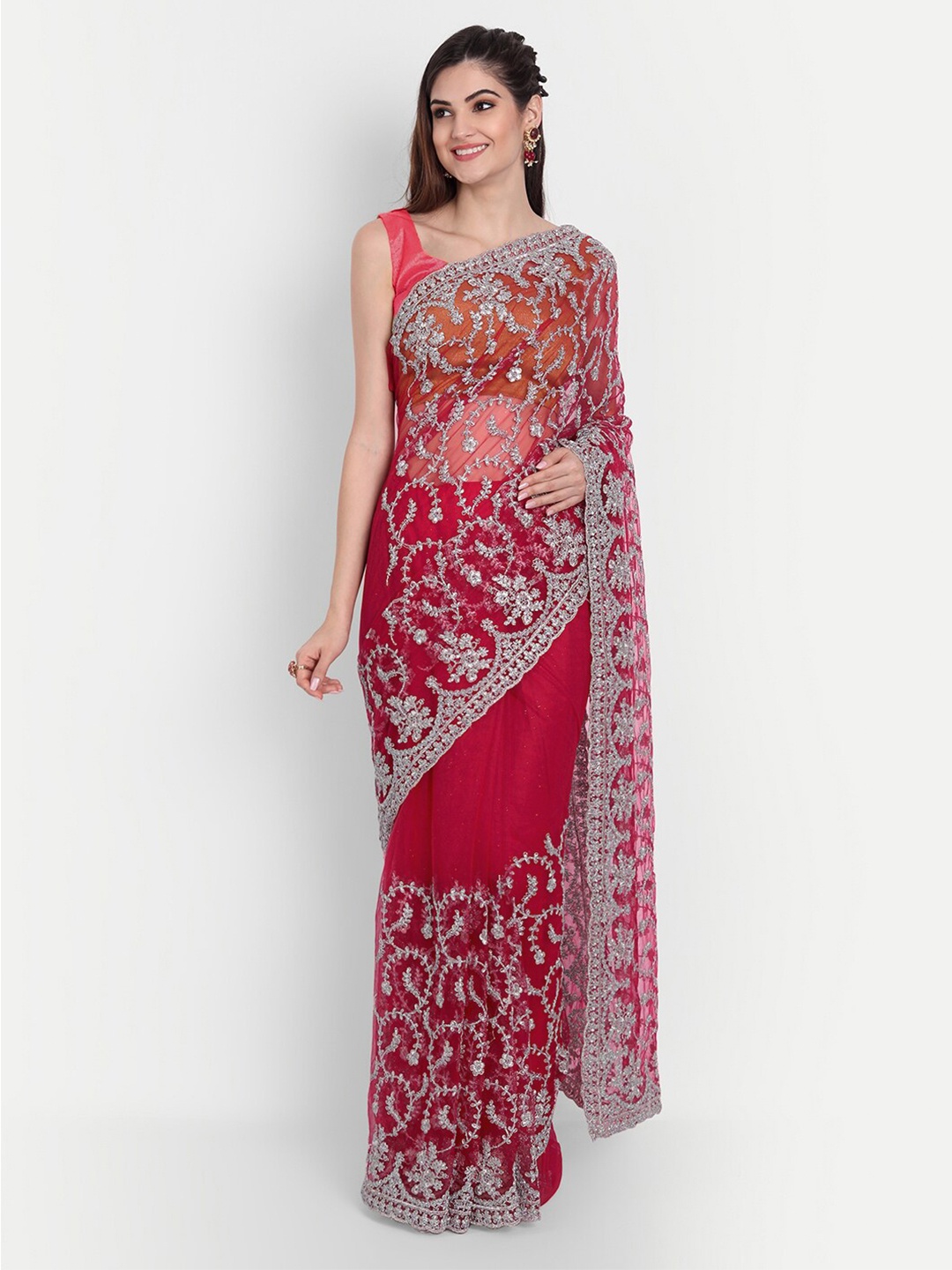 

kasee Red & Silver-Toned Floral Embroidered Net Saree