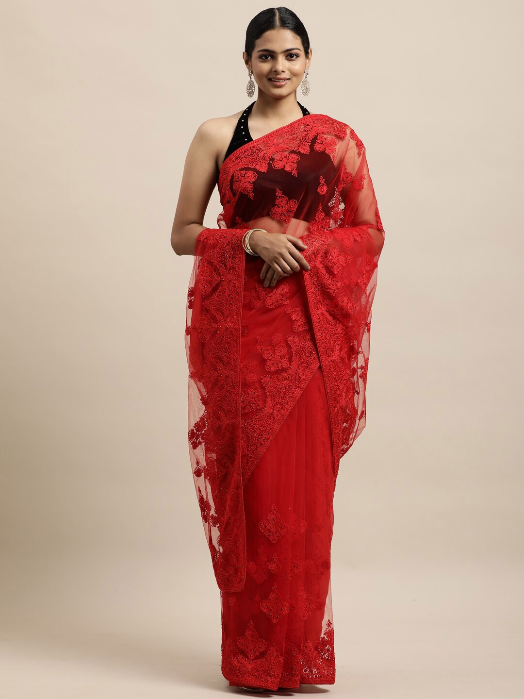 

kasee Red Floral Embroidered Net Saree