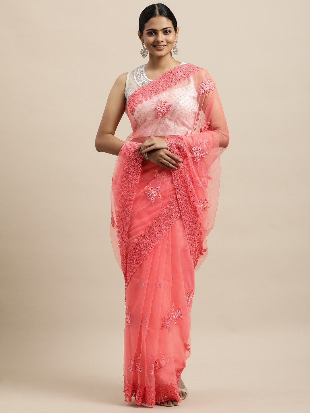 

kasee Peach-Coloured Floral Embroidered Net Saree