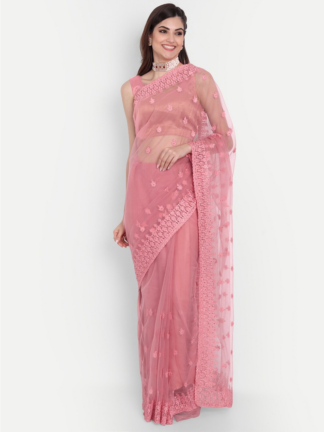 

kasee Pink & Gold-Toned Floral Embroidered Net Saree