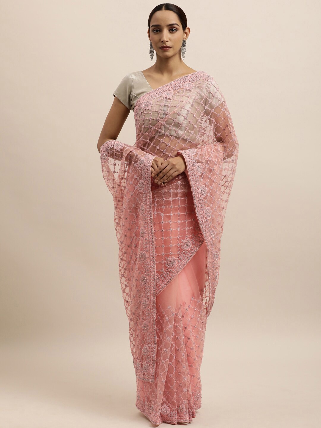 

kasee Peach-Coloured Floral Embroidered Net Saree